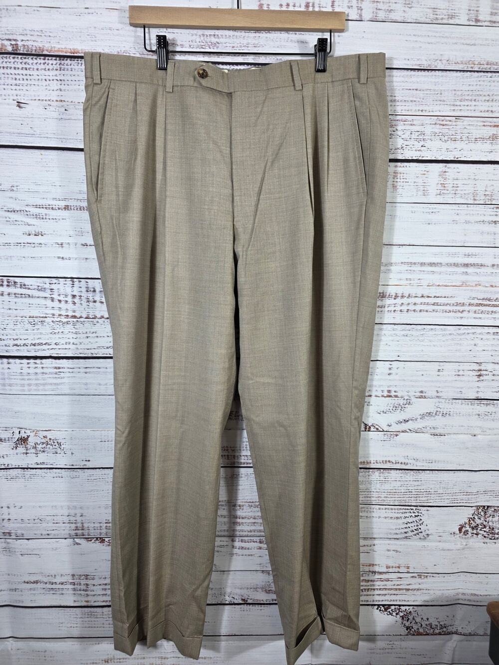 Brooks Brothers Mens Dress Pants 38x30 Beige Loro Piana Super 160s wool pleated